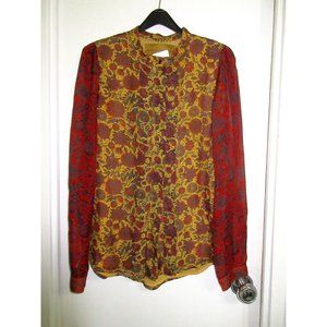 Hanley Mellon 100% Silk 6 Blouse Gold Multi Floral Boho Semi Sheer S Tunic Mint!